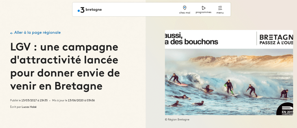 Page internet de France 3 Bretagne, nommé LGV : une campagne d'attractivité lancée pour donner envie de venir en Bretagne