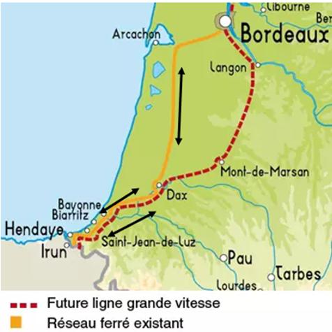 Carte qui montre l'existant d'un réseau de fret existant entre Bordeaux et Hendaye